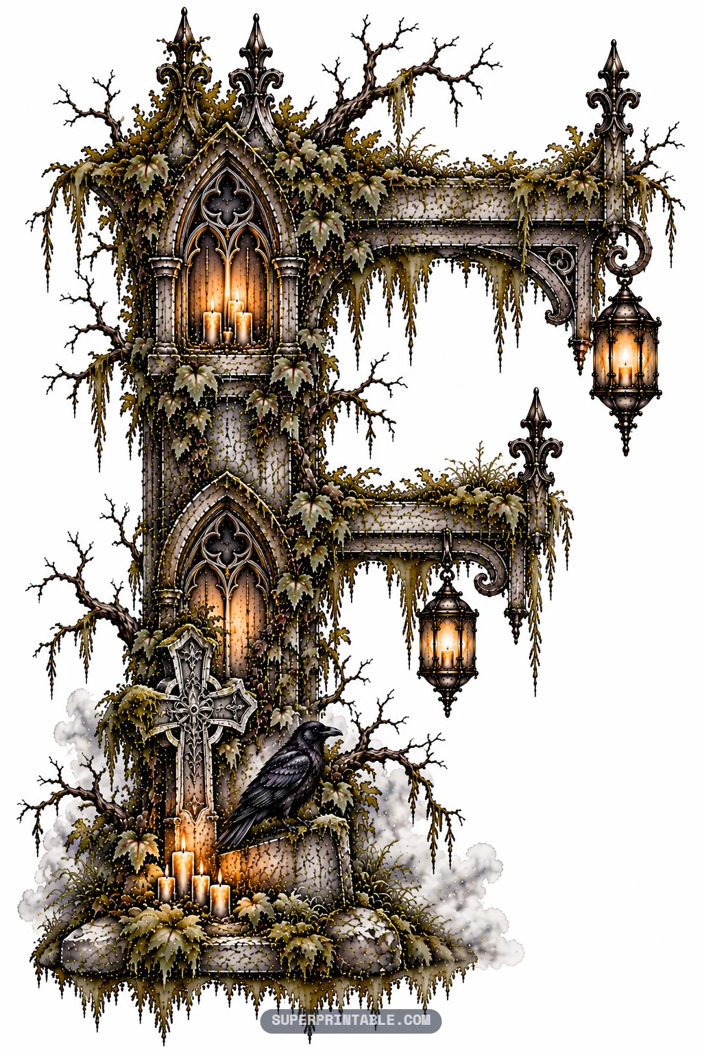 Gothic architectural letter F decorated with hanging lanterns, stone cross, candles, and a perched raven.
