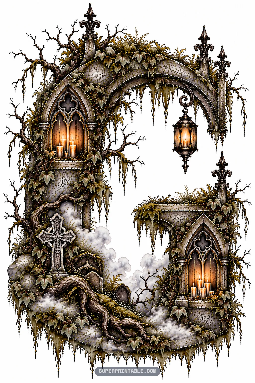 Gothic stonework letter G with glowing window shrines, hanging lantern, tangled roots, and cemetery gravestones.