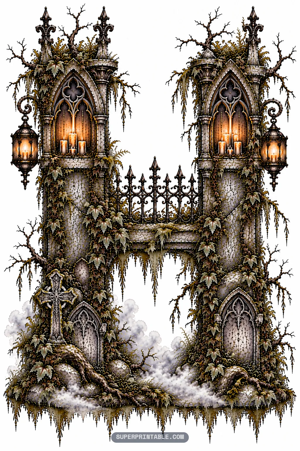 Twin stone towers forming gothic letter H with iron cresting fence, hanging lanterns, and candle shrines.
