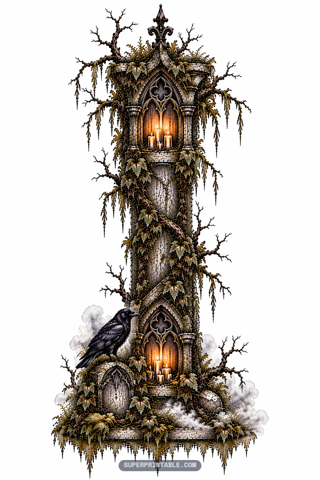 Towering gothic stone pillar letter I illuminated by candle niches and guarded by a perched black raven.