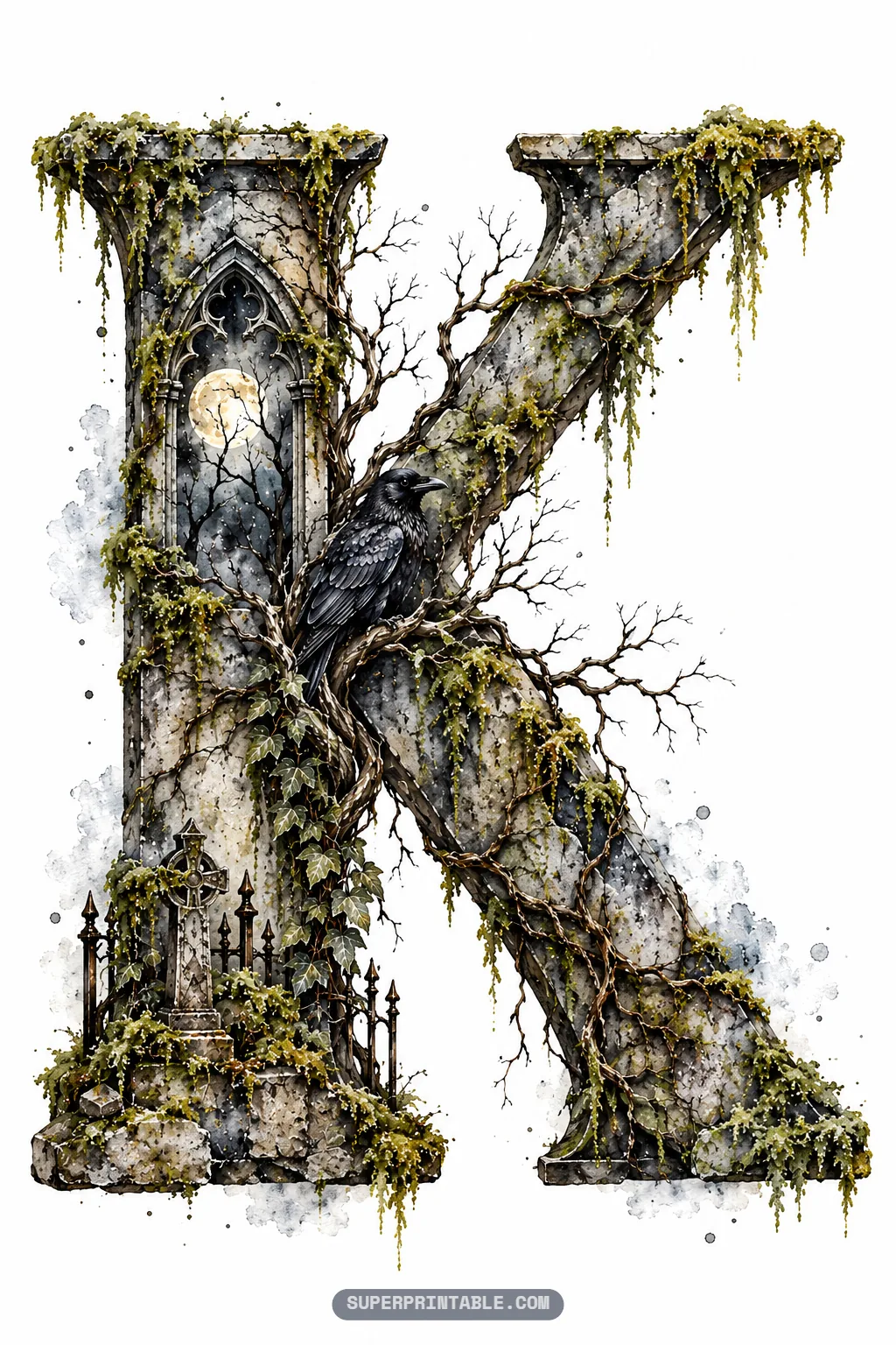 Gothic letter K with tangled vines, moonlit arched window, weathered stone cross, and perched black raven.