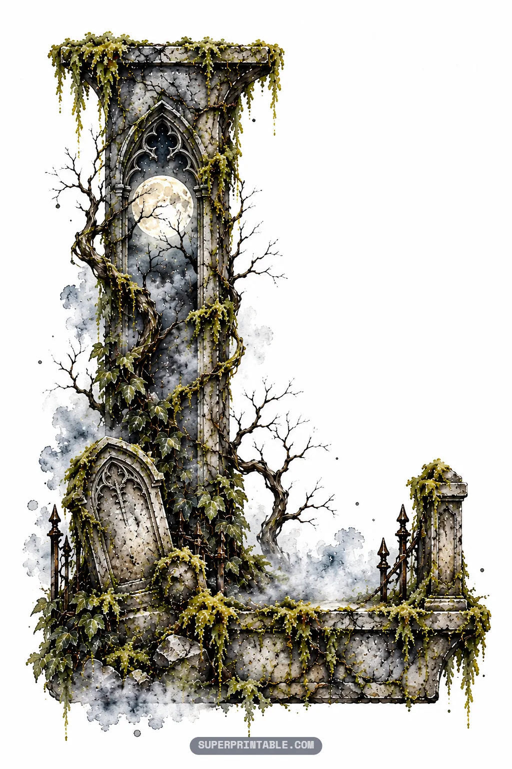 L-shaped gothic masonry structure with moonlit chapel window, overgrown gravestone, and wrought-iron railing.