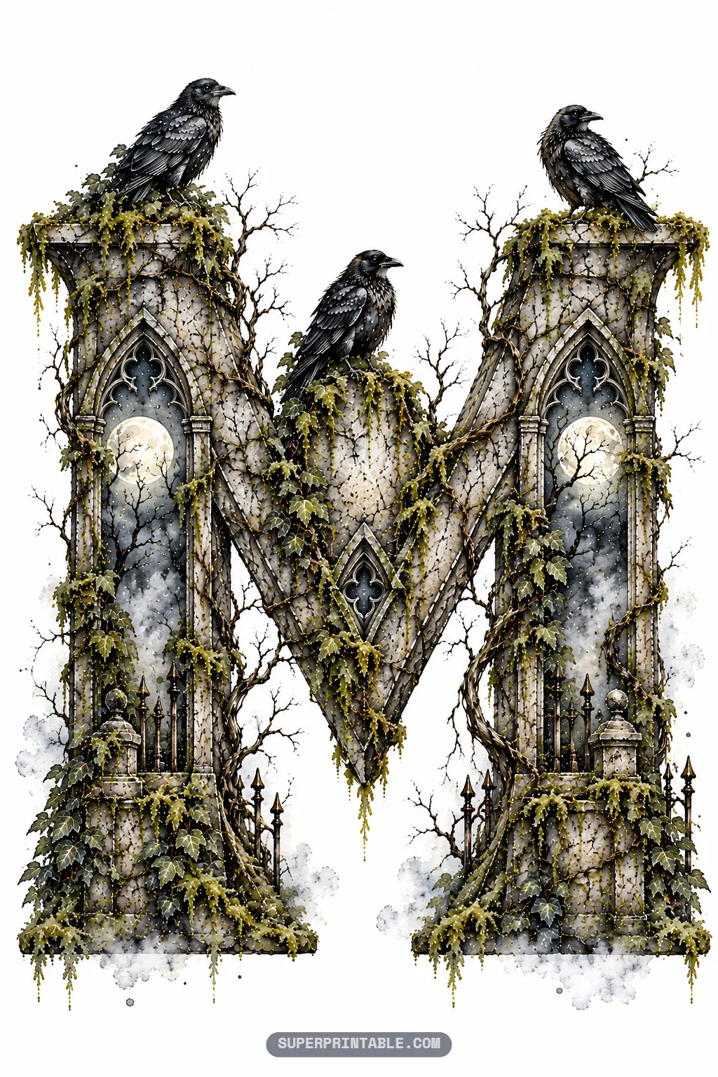 Gothic twin-peaked letter M with dual moonlit stained glass arches and three ravens perched upon the roof.