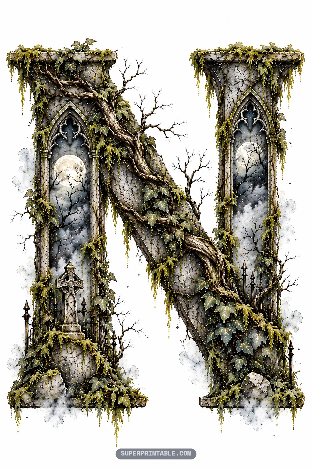 Gothic stone letter N with diagonal overgrown timber beam, two luminous moonlit niches, and cemetery cross.