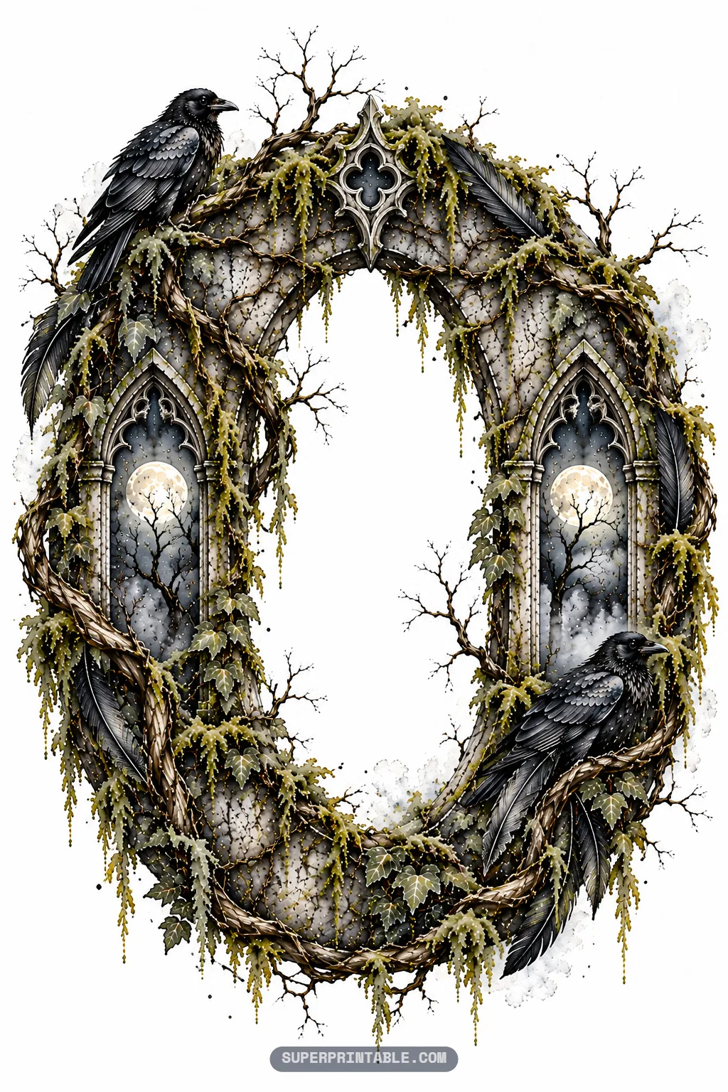Oval gothic stone letter O adorned with twin moonlit lancet windows, dark feathers, and two perched ravens.