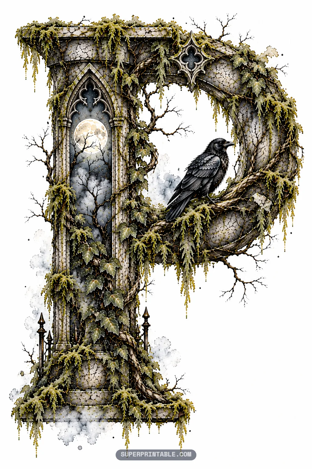 Gothic letter P masonry pillar with moonlit stained glass window and black raven perched inside the loop.