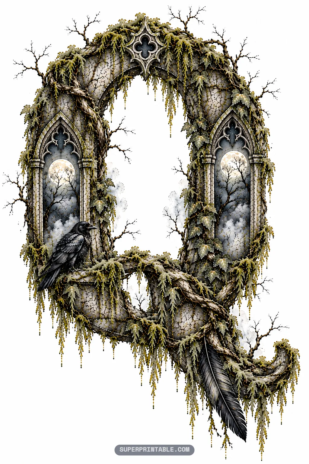 Round gothic letter Q with perched raven, twin moonlit gothic windows, and black quill feather forming the tail.