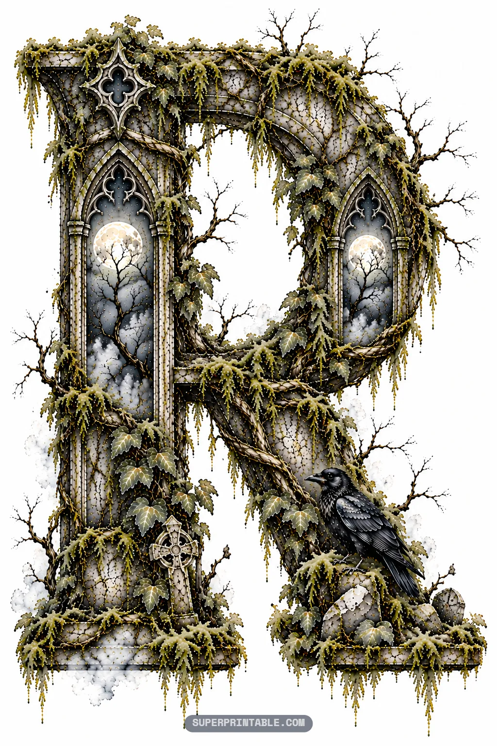 Gothic stone letter R with moonlit lancet windows, graveyard stone cross, and a black raven perched at the base.