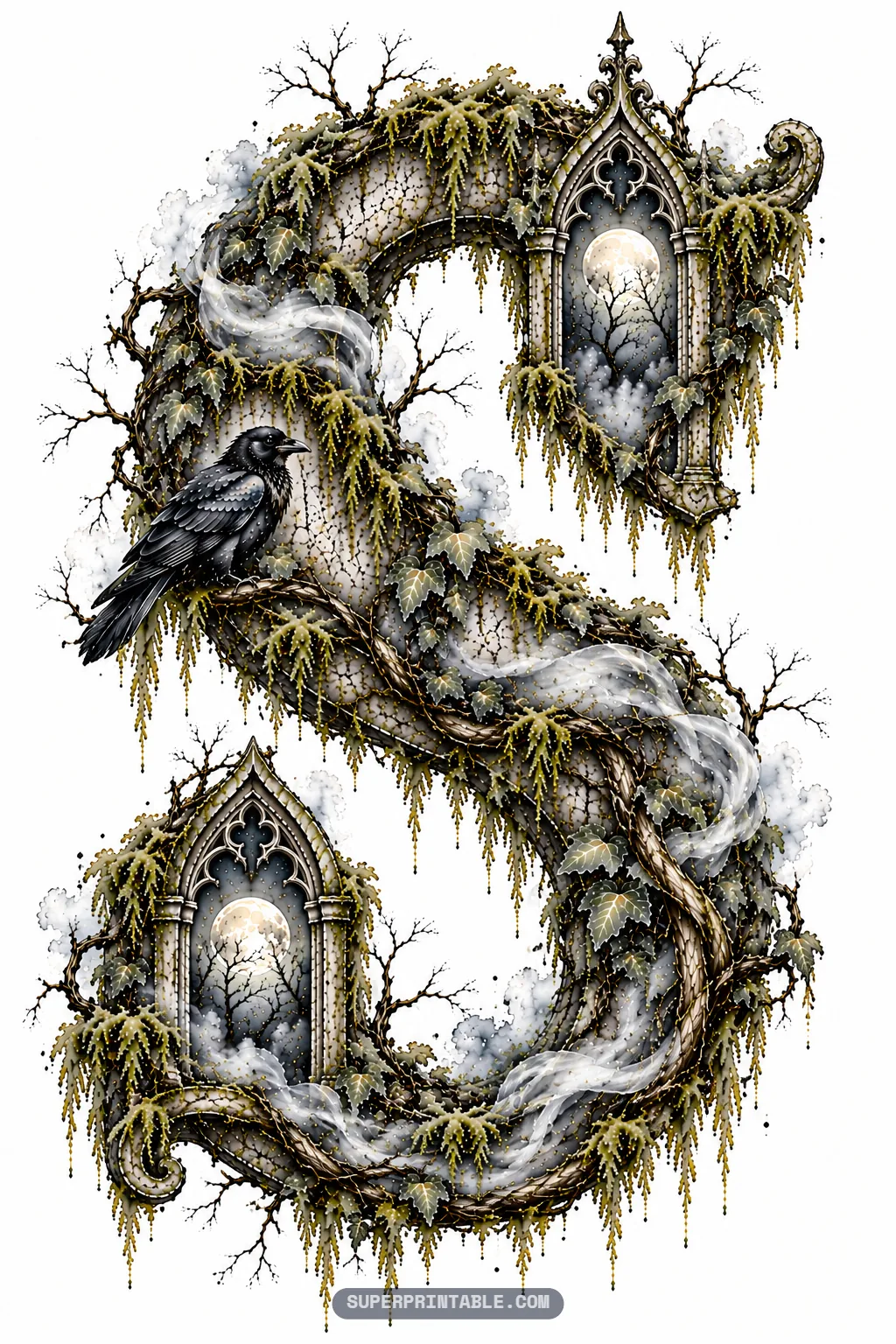 Serpentine gothic letter S with rising cemetery fog, twin moonlit niches, and raven perched among branches.