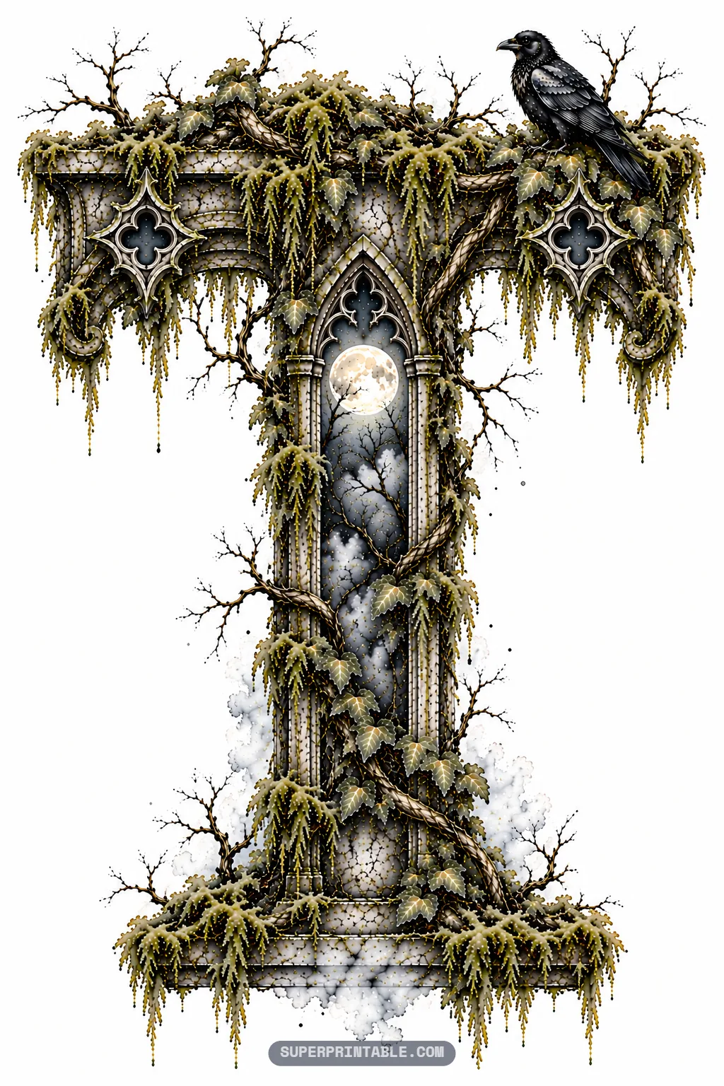 Gothic letter T portico with central moonlit arched window, quatrefoil relief carvings, and raven on top beam.
