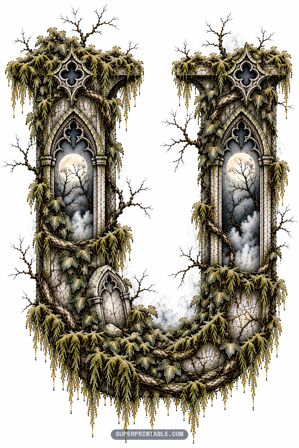 U-shaped gothic stone monument with dual moonlit arches, mossy tombstone, and trailing weathered foliage.