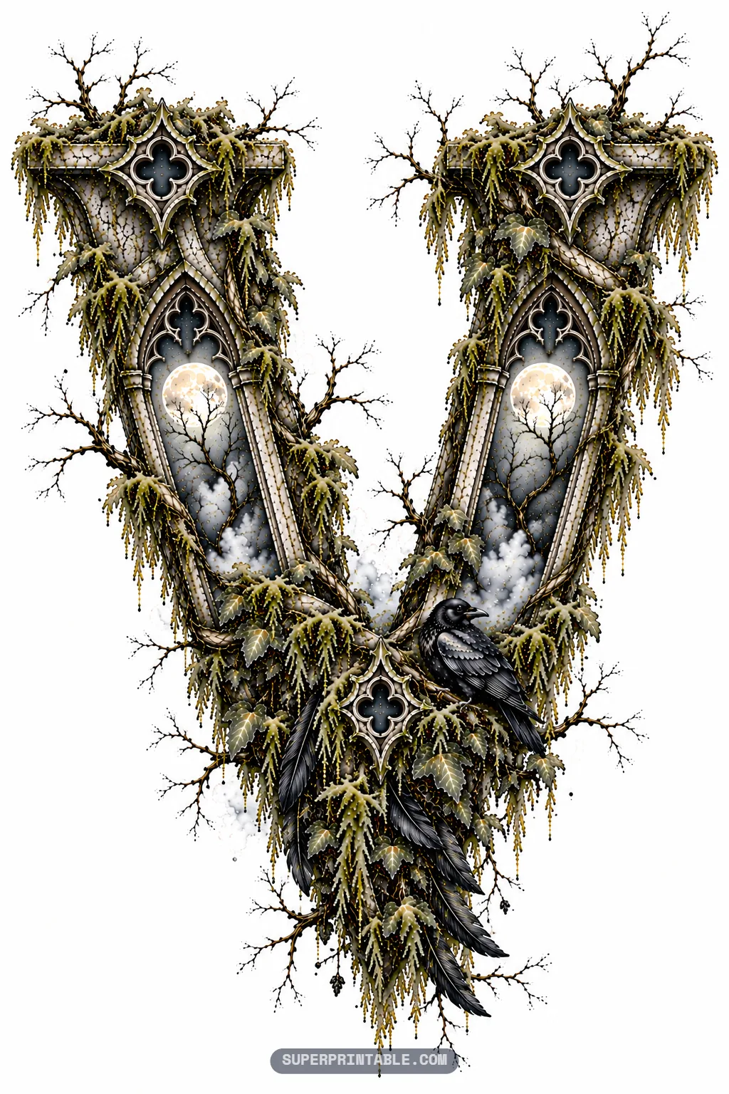 V-shaped gothic stone letter with two moonlit lancet windows, central quatrefoil crest, and perched raven.