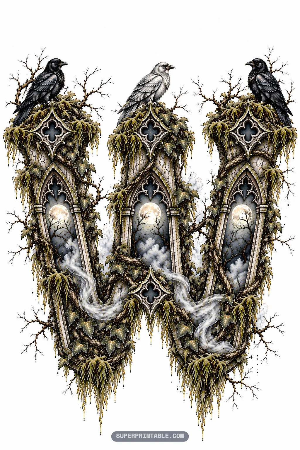 Triple-pillared gothic letter W with moonlit windows, two black ravens, and a striking white raven in the center.