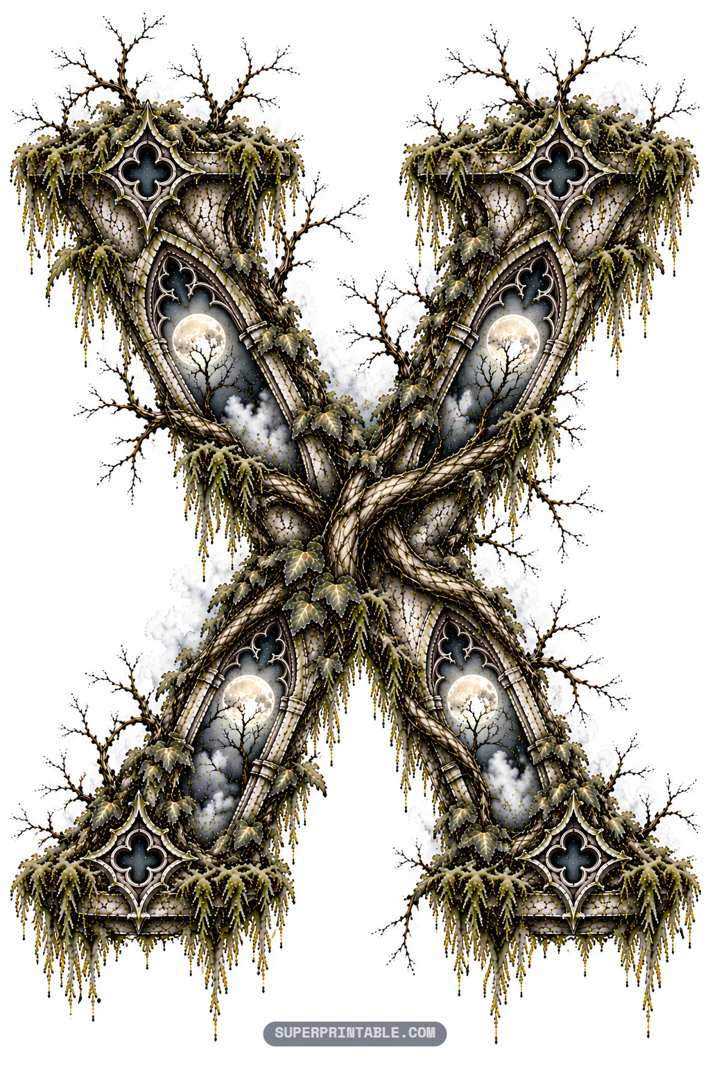 Crossed stone gothic letter X displaying four moonlit chapel windows, quatrefoils, and gnarled ivy branches.
