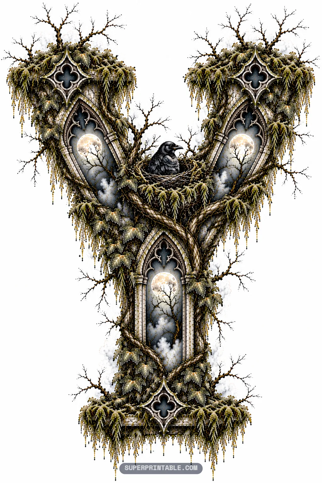 Forked gothic letter Y containing three moonlit niches and a raven sitting snugly in an upper twig nest.