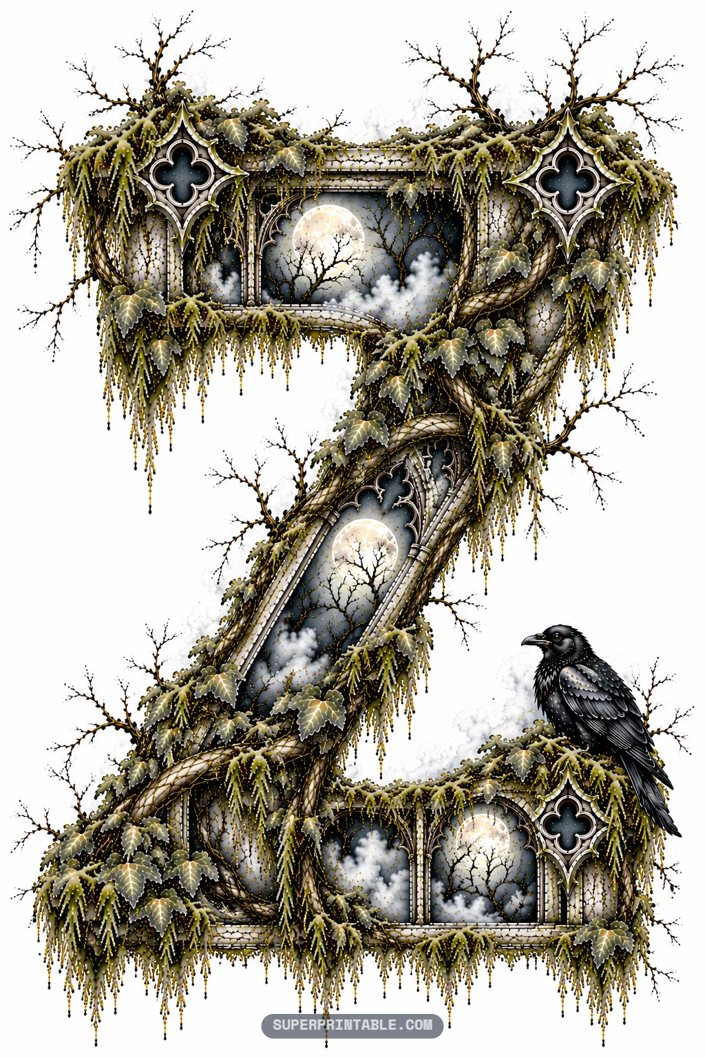 Gothic stone letter Z with three moonlit window scenes, creeping ivy vines, and black raven perched on lower ledge.