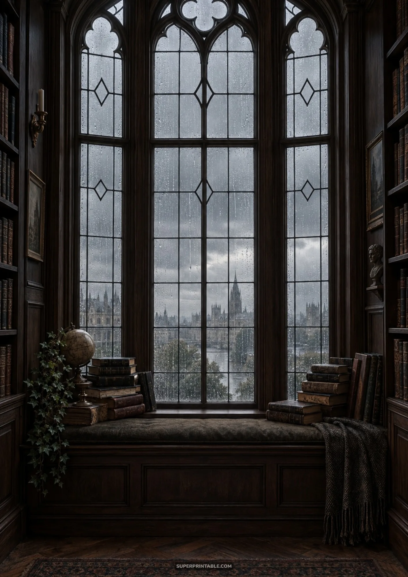 Atmospheric dark academia backgrounds featuring a rainy gothic window reading nook with book stacks