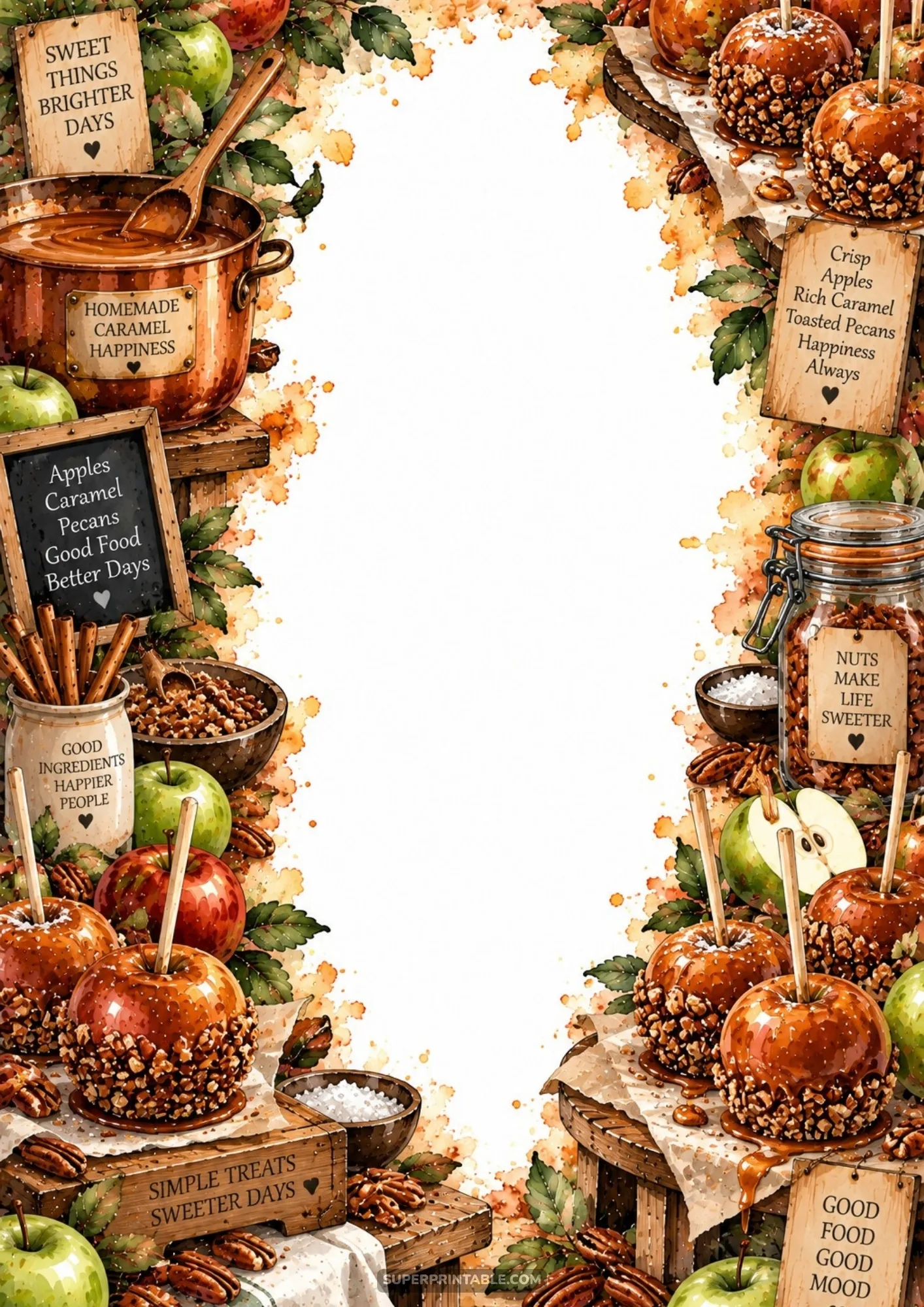 Gourmet caramel apples dipped in chopped nuts with copper saucepan of caramel and rustic wooden accents