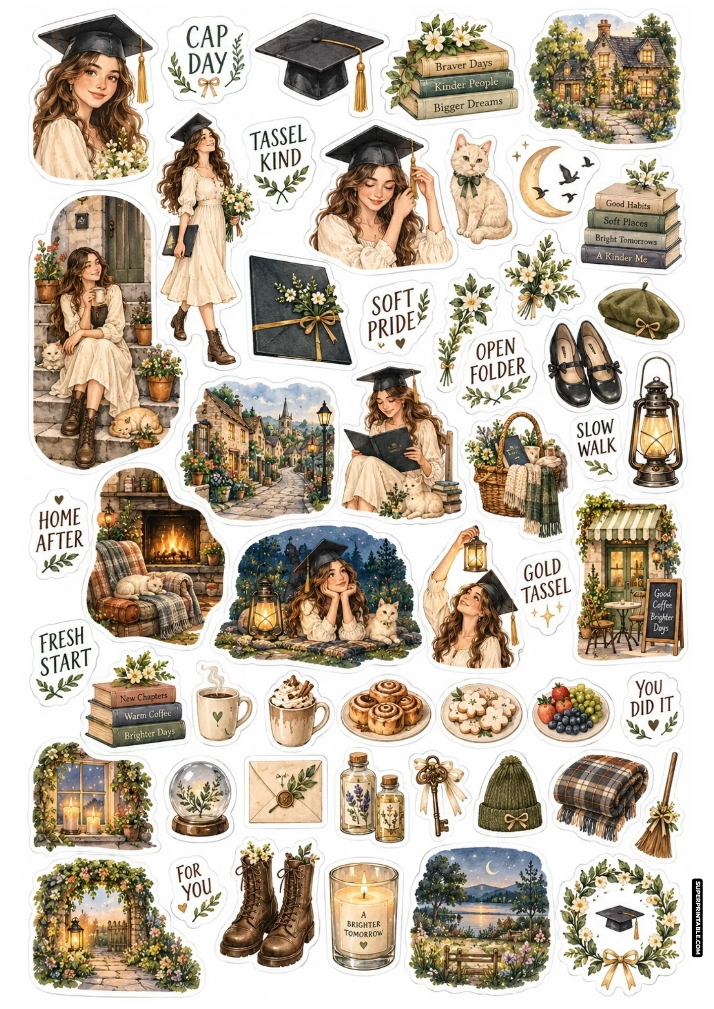 Graduation day sticker sheets featuring graduation cap portraits, ceremony tassels, cozy cottages, and celebration treats