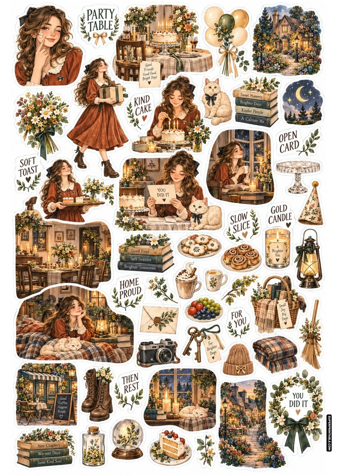 Festive graduation party stickers showcasing celebration cakes, balloon bouquets, gift boxes, and banquet dining tables