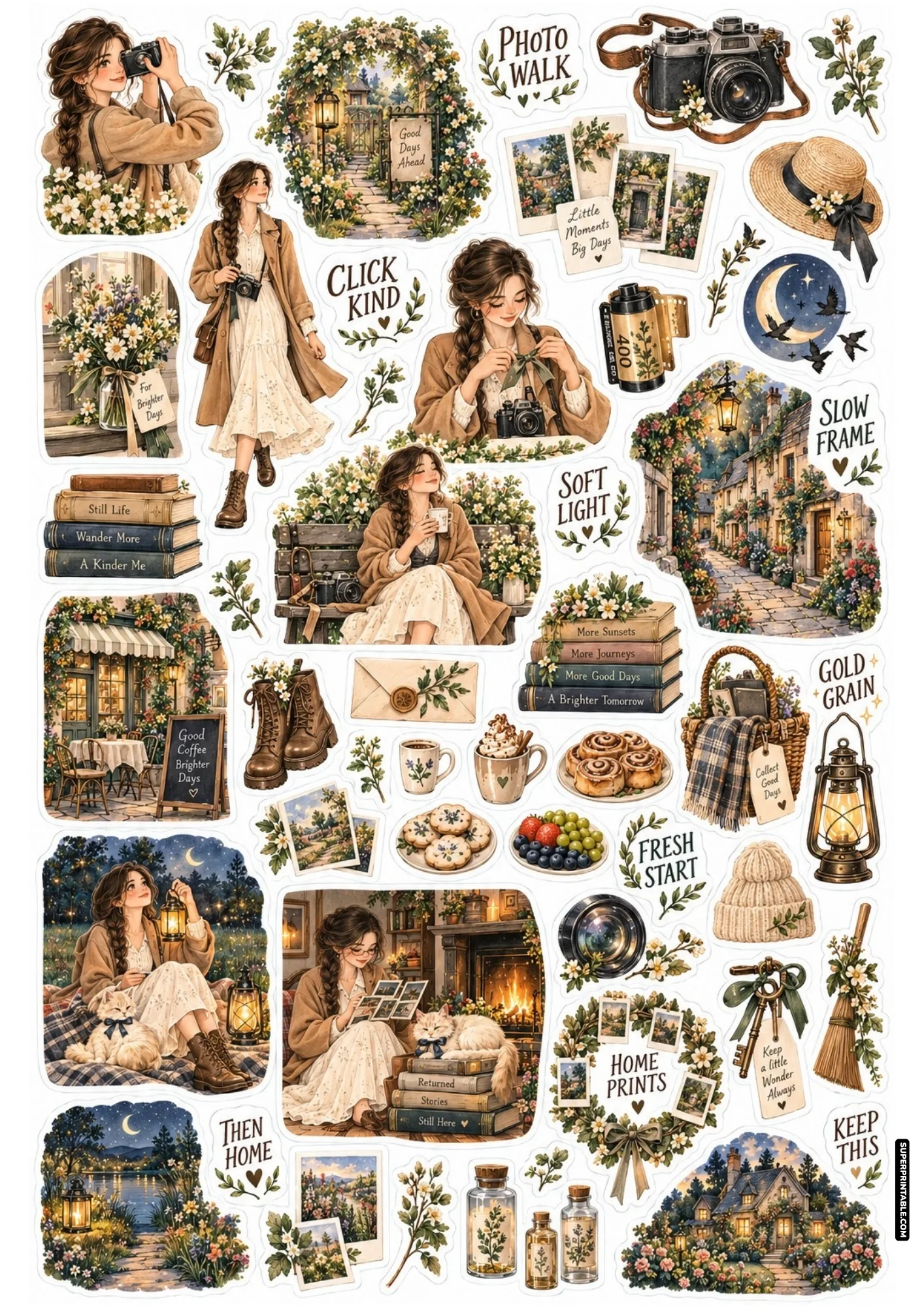 Graduation day sticker sheets highlighting campus photo walks, vintage cameras, polaroid snapshots, and scenic cottages