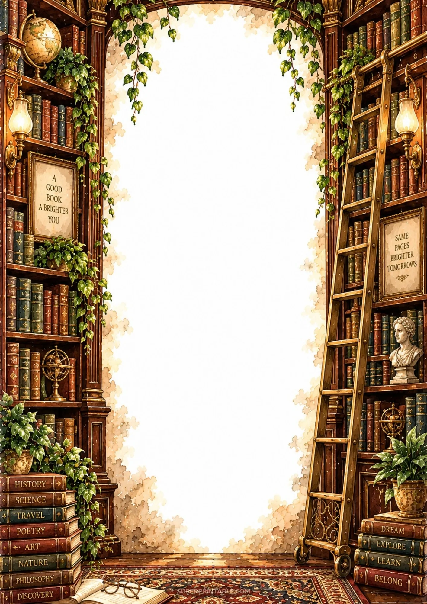 Vintage library border featuring grand mahogany bookshelves, rolling ladder, ivy, and warm lamps.