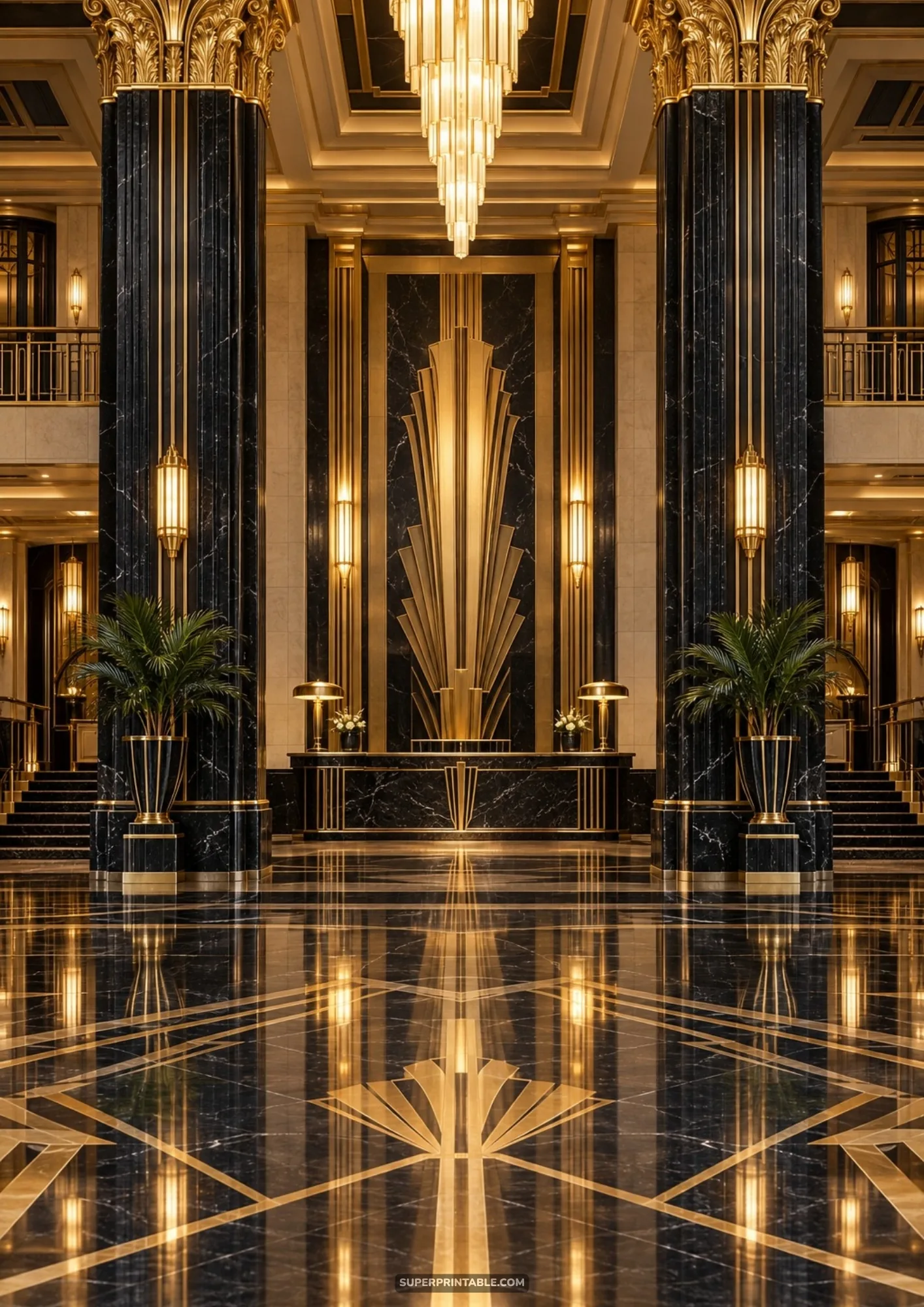 Opulent art deco hotel lobby with massive black marble pillars, gold capitals, and chandeliers
