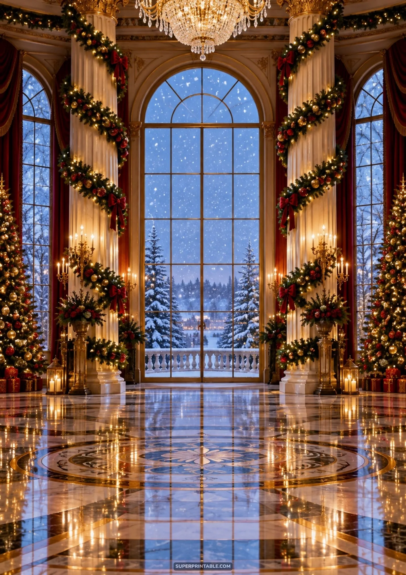 Opulent palace ballroom with garland-wrapped columns and crystal chandelier