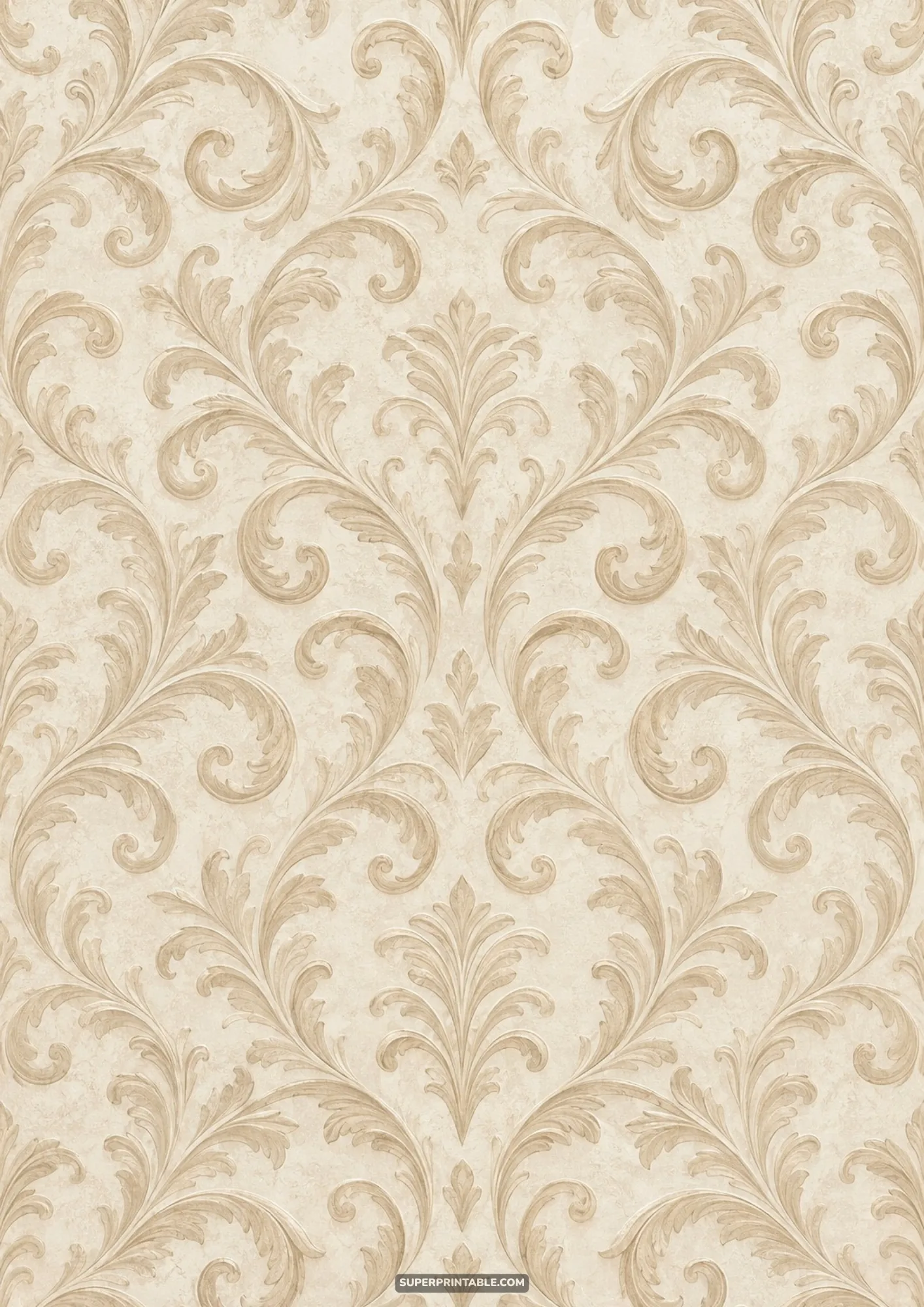 Symmetrical Baroque damask pattern with acanthus scrollwork embossed in warm champagne cream