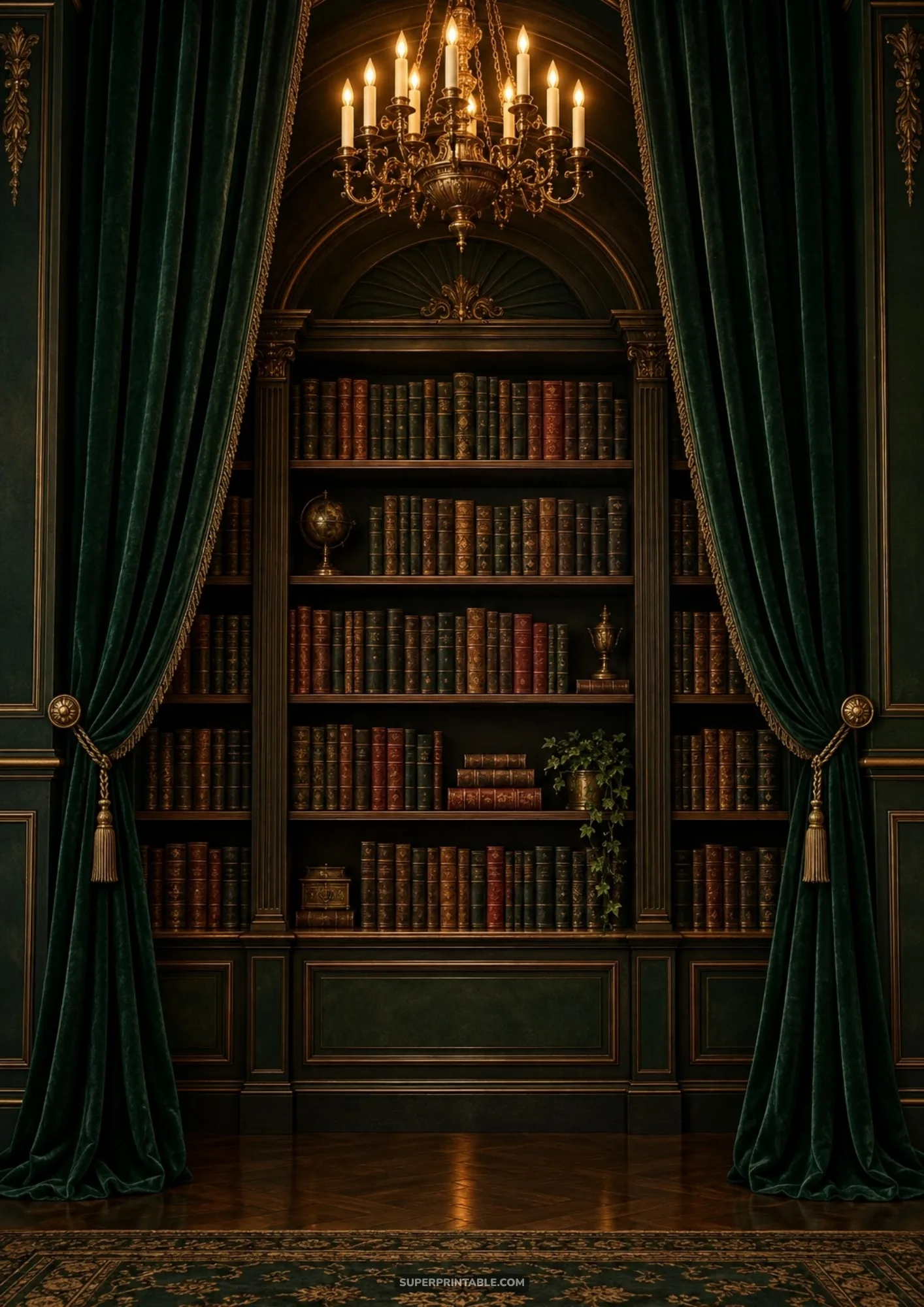 Dark academia backgrounds showcasing a grand arched mahogany bookshelf draped in emerald green velvet