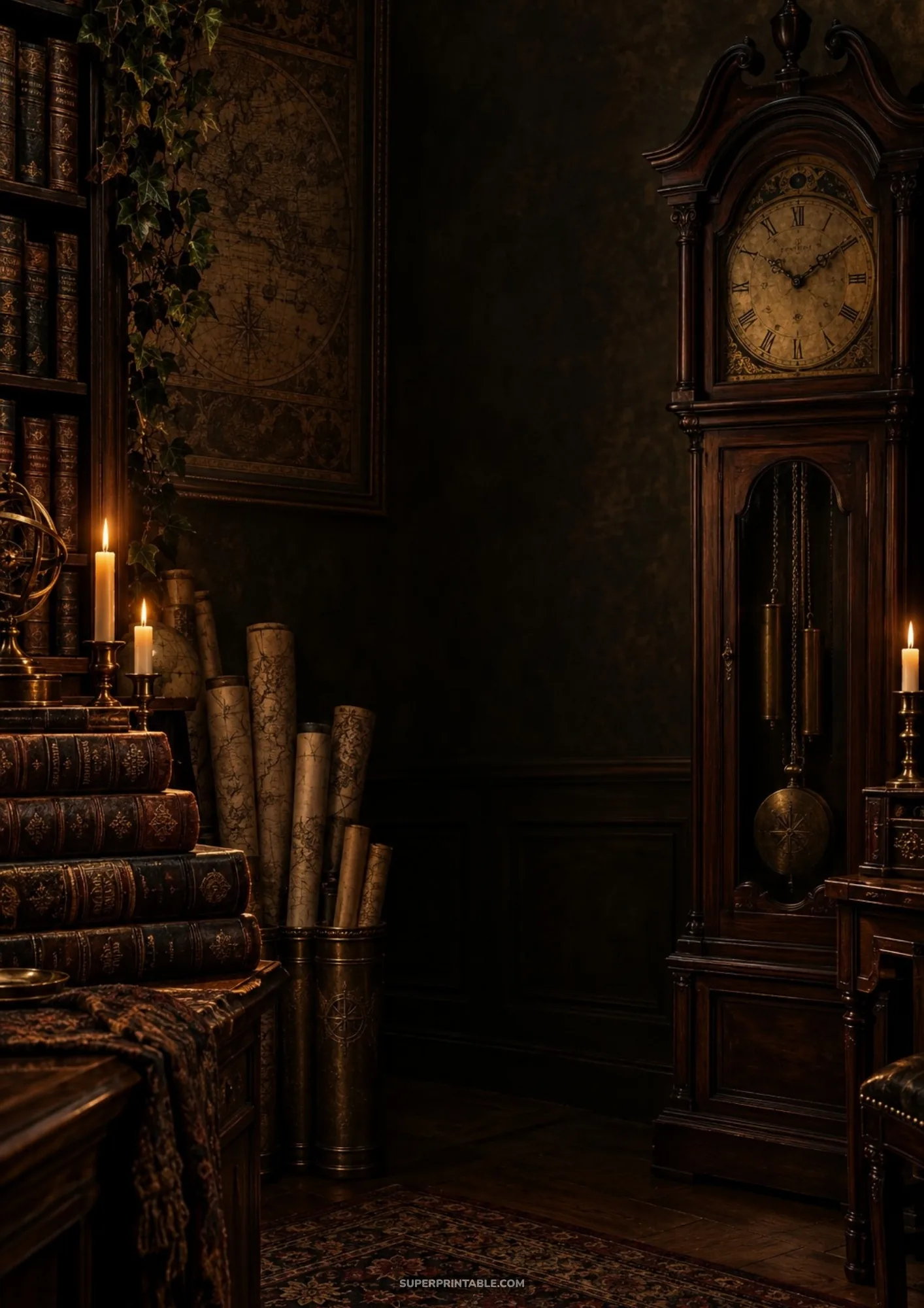 Antique mahogany grandfather clock standing beside stacks of leather-bound books in a dim study