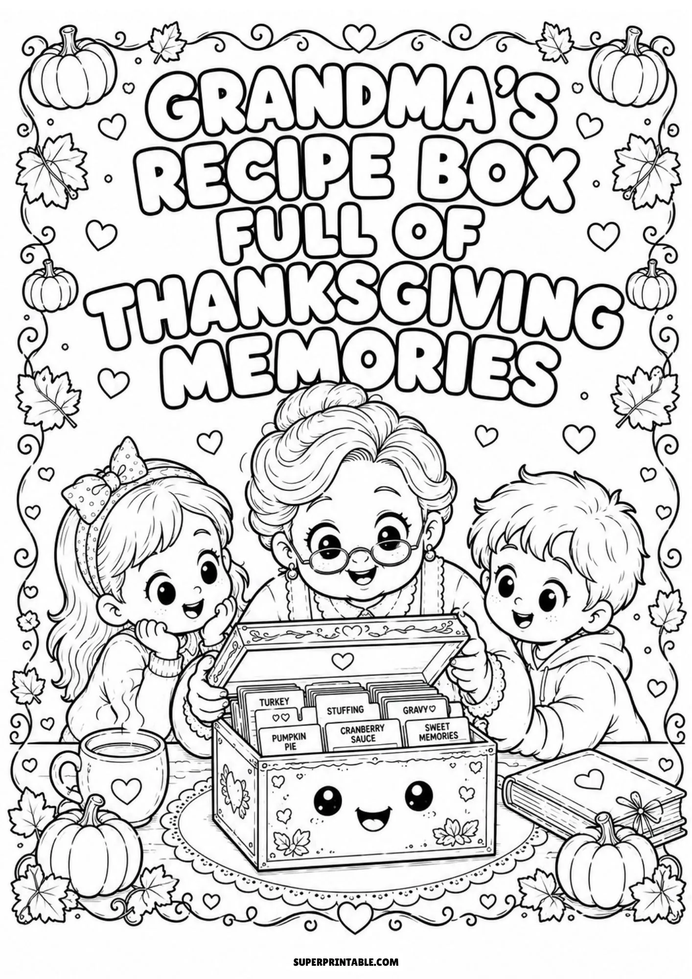 Grandmother sharing holiday recipe cards from a recipe box with her grandchildren.