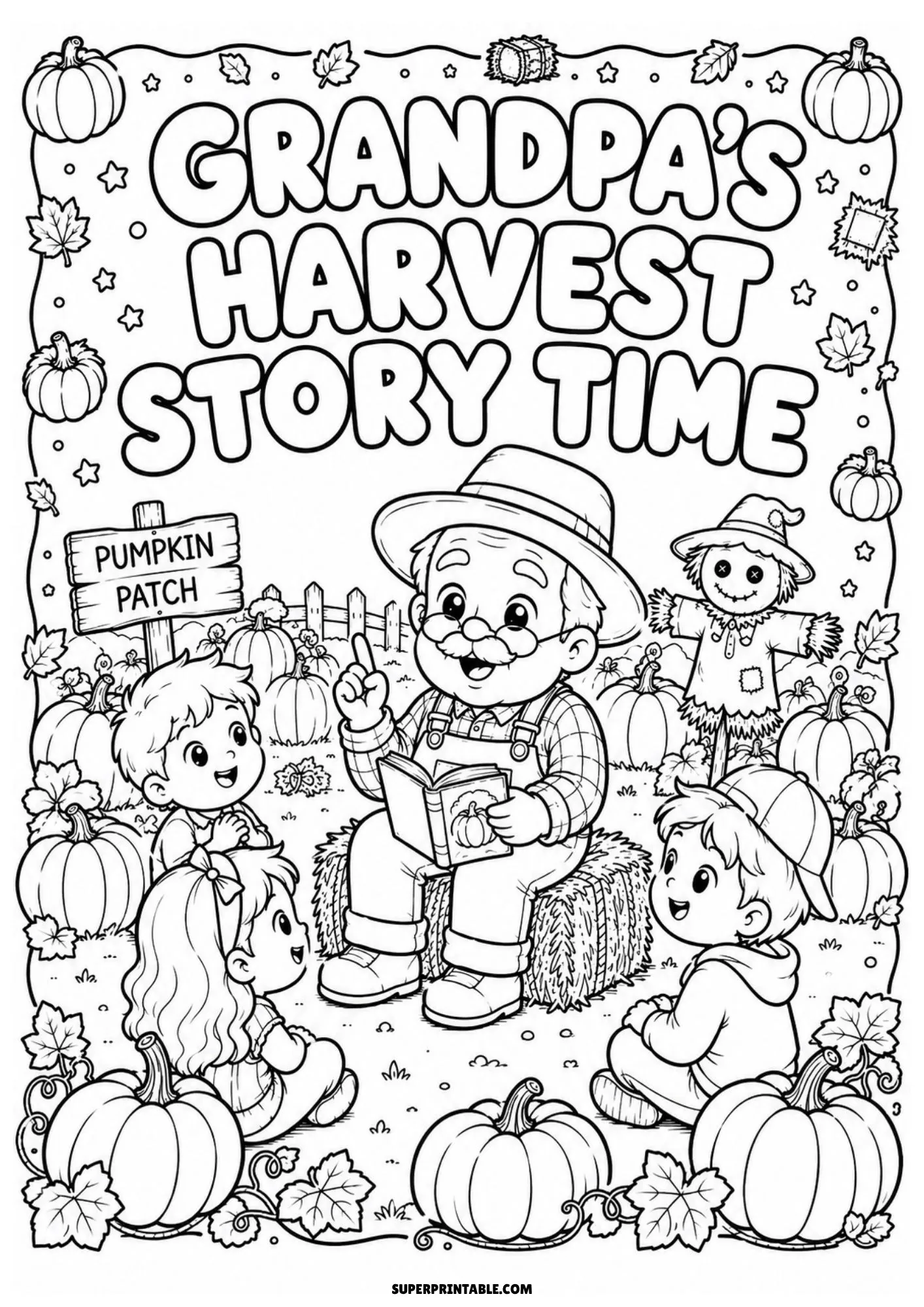Autumn storytime illustration of a grandfather reading to kids in a pumpkin patch.