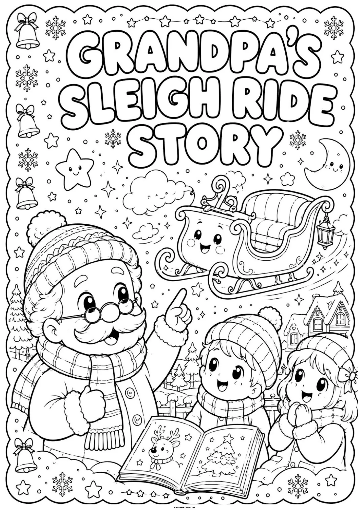 Grandfather telling a magical sleigh ride story to two happy children outdoors.