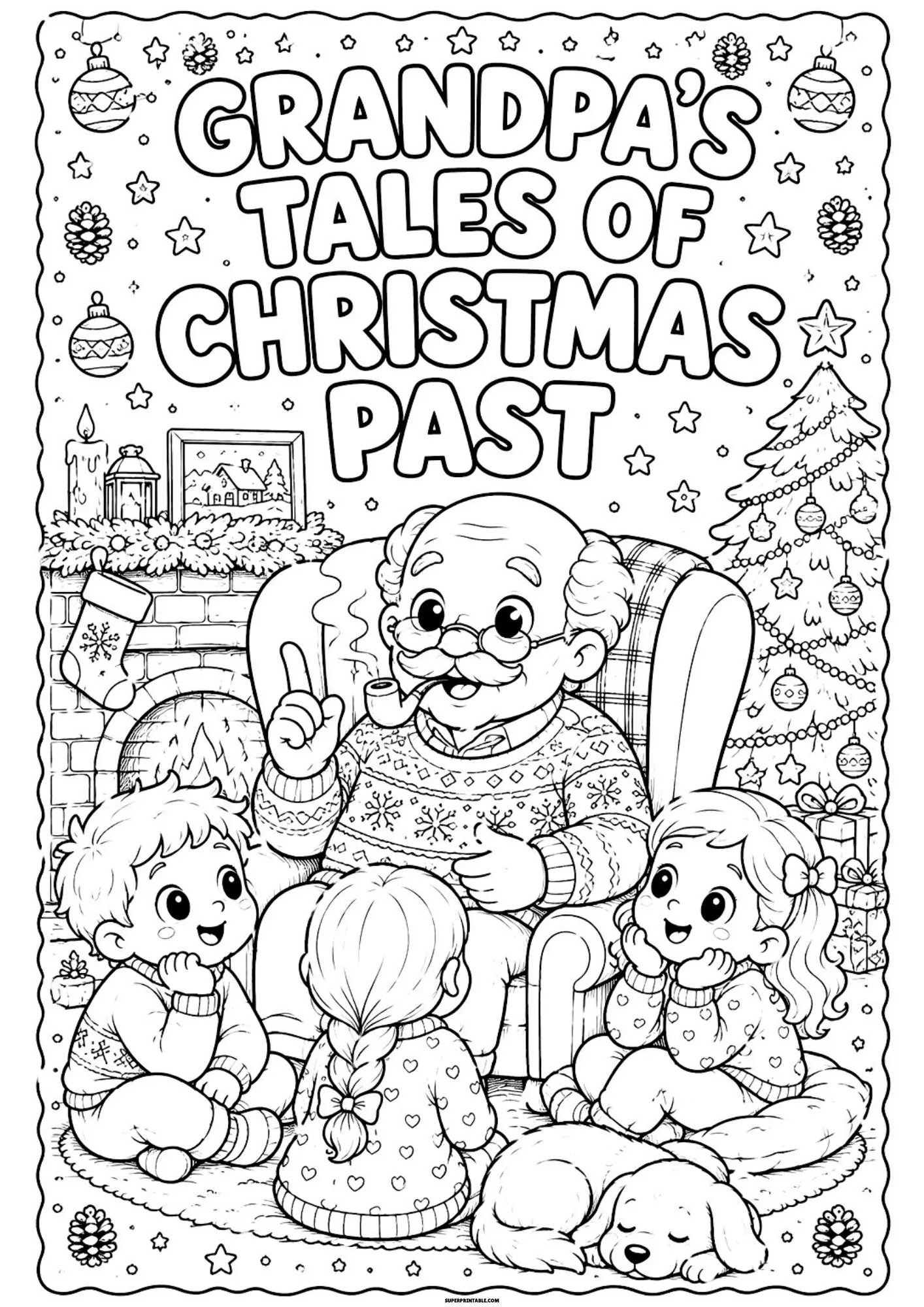 Grandfather sitting in a cozy armchair recounting christmas memories to eager kids.