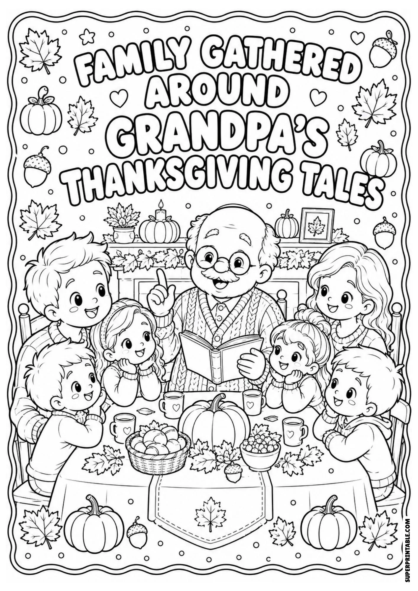 Thanksgiving family storytelling coloring sheet with grandpa reading to kids around a table.