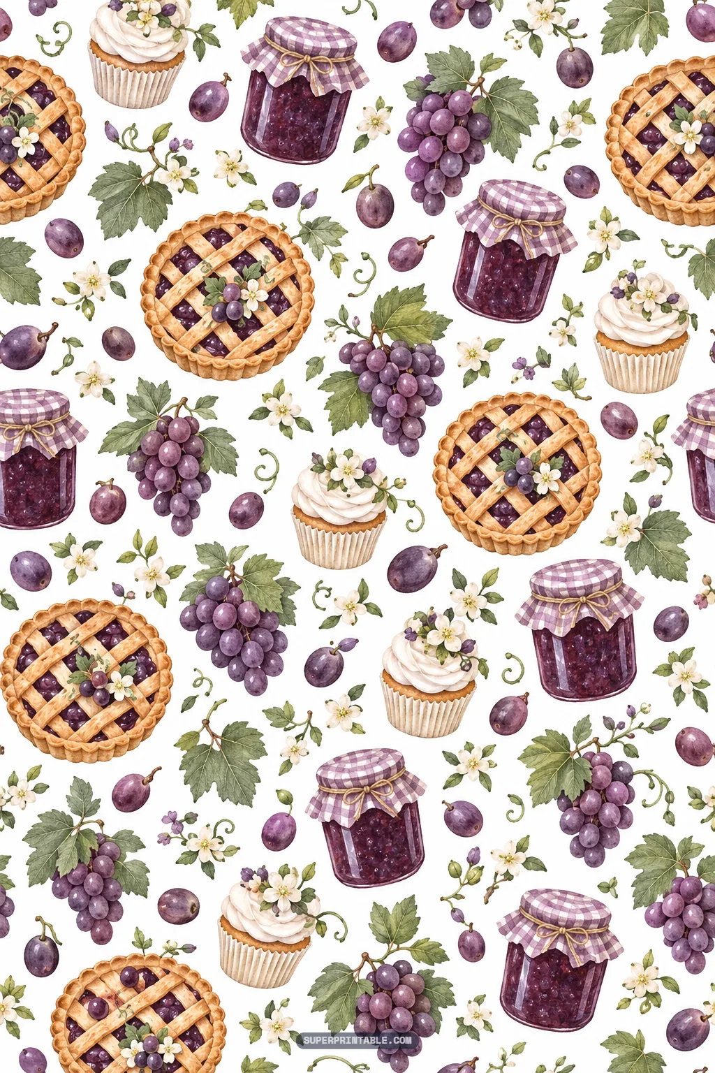 Lattice fruit pies, frosted cupcakes, grape jam jars, and juicy purple grape bunches pattern.