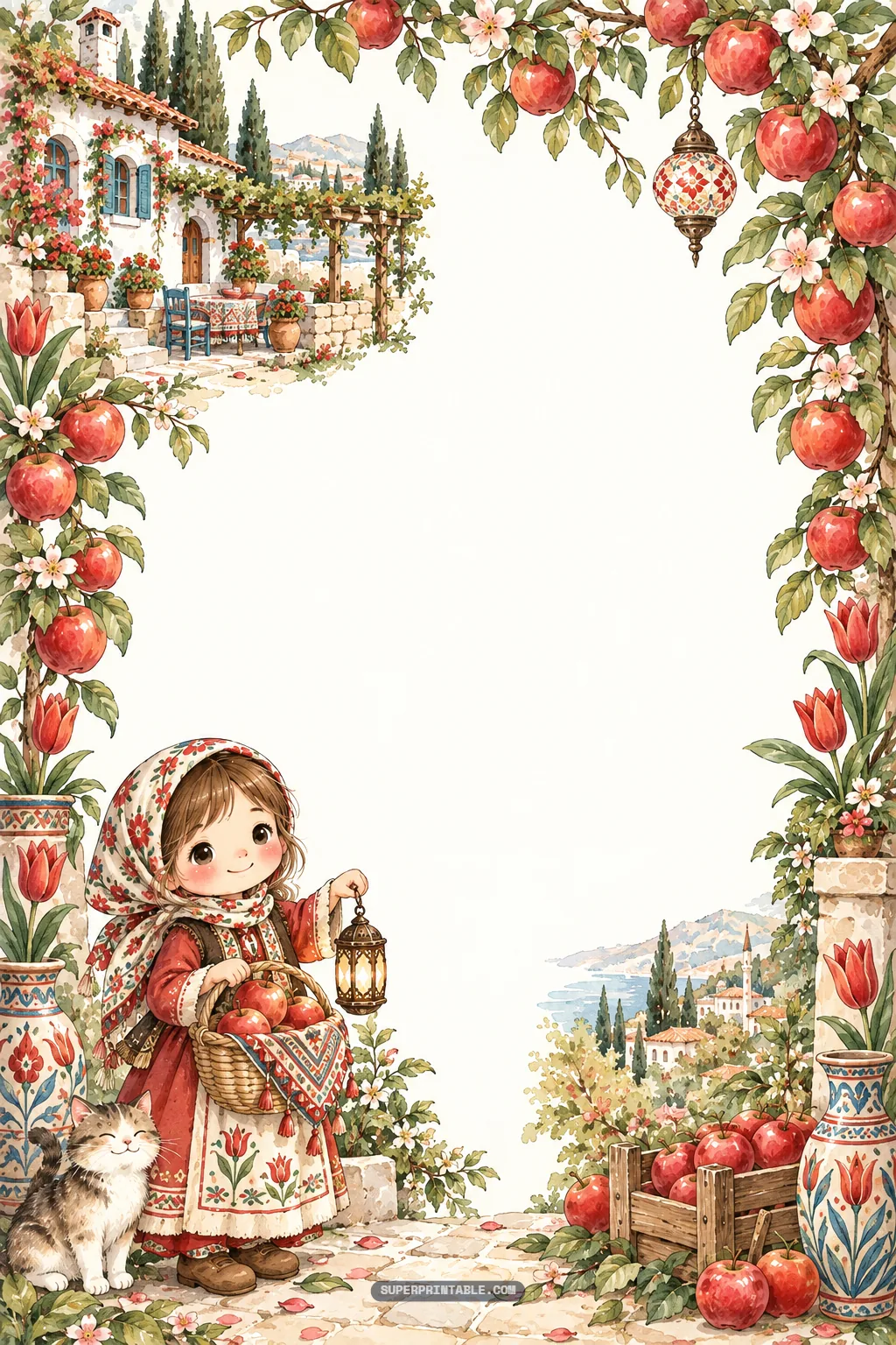 Girl with lantern and apples on a coastal terrace with Mediterranean views