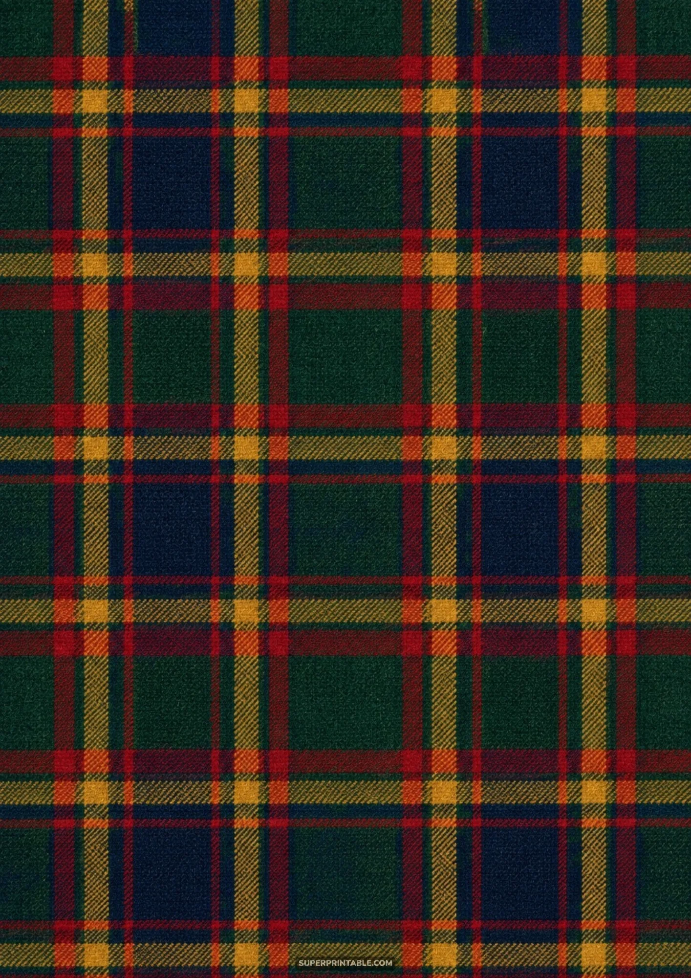 Cozy woven tartan plaid fabric texture with forest green, navy blue, crimson red, and mustard gold bands