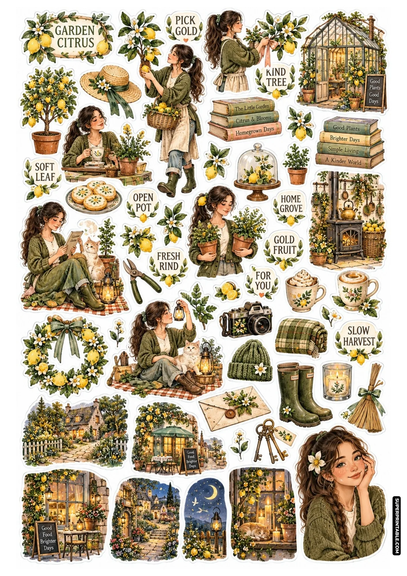 Botanical garden sticker sheet with a girl harvesting lemons from trees, greenhouse, and potted citrus plants.
