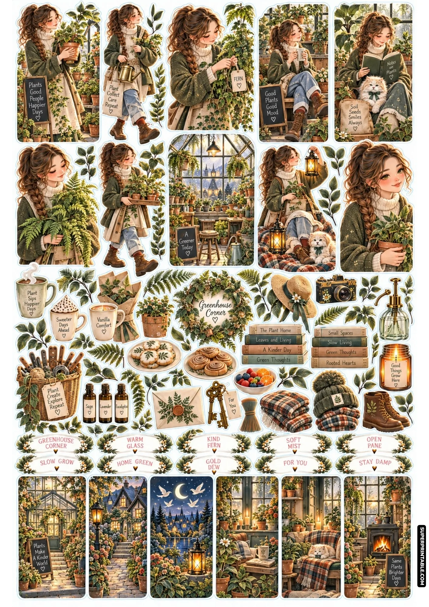 Botanical corner sticker sheets featuring greenhouse glass windows, potted ferns, and cozy cats.