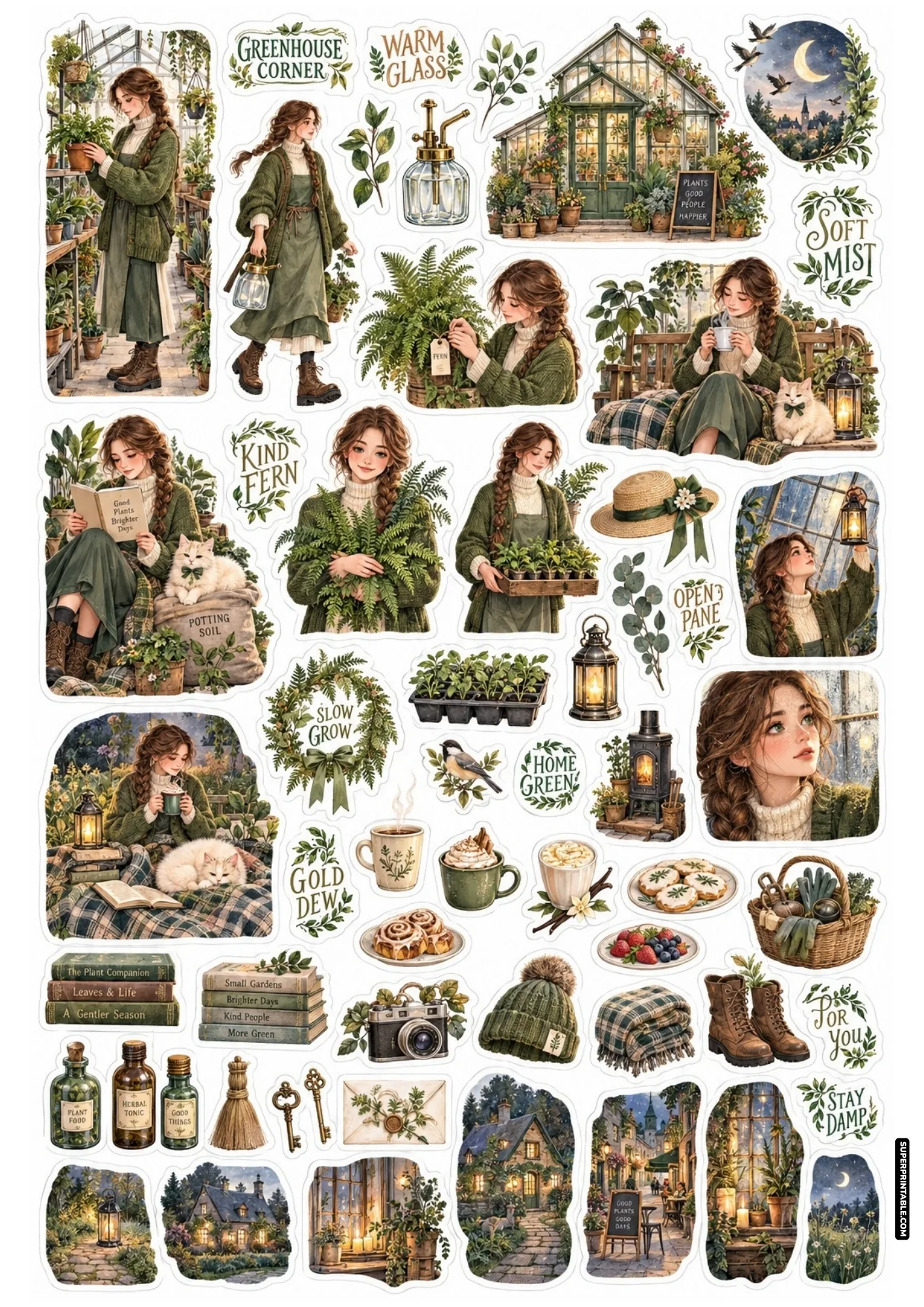 Greenhouse sticker collection showing a girl tending potted ferns, nursery seedling trays, and steaming mugs of tea.