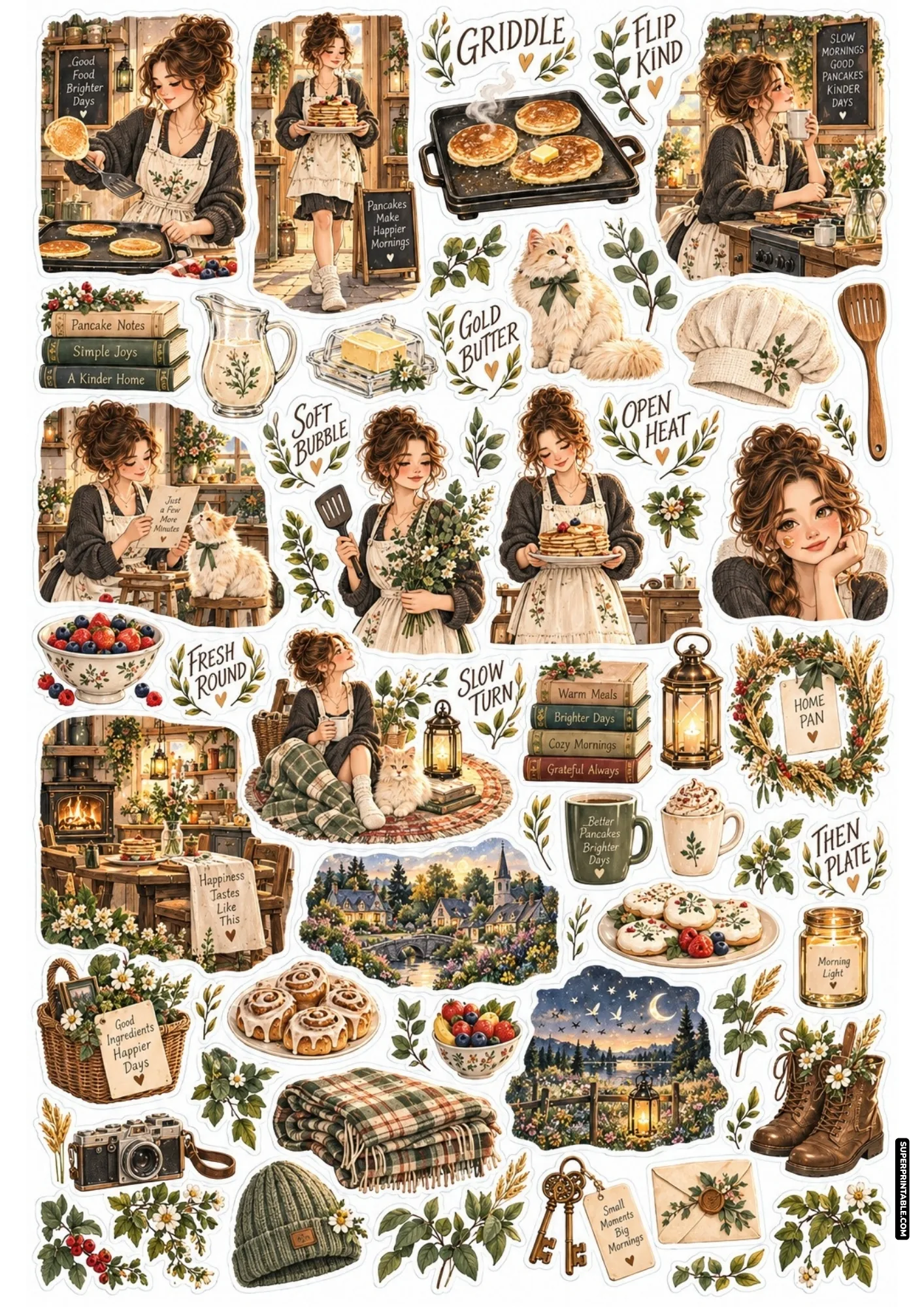 Pancake morning sticker sheets highlighting sizzling griddle pancakes, chef toque hats, and cozy apron-clad breakfast scenes