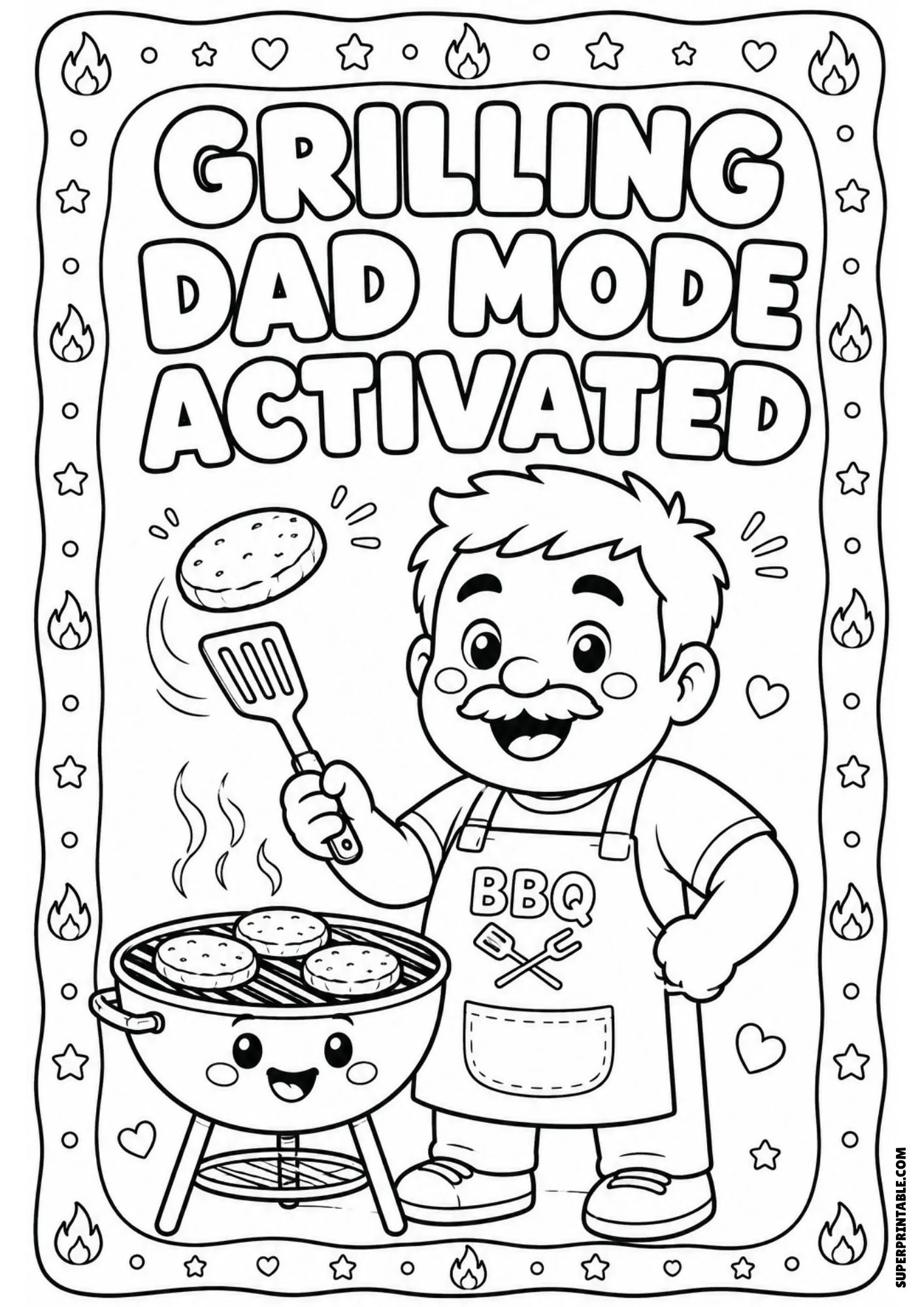 BBQ dad joke line art featuring a father flipping burgers on a smiling outdoor grill.