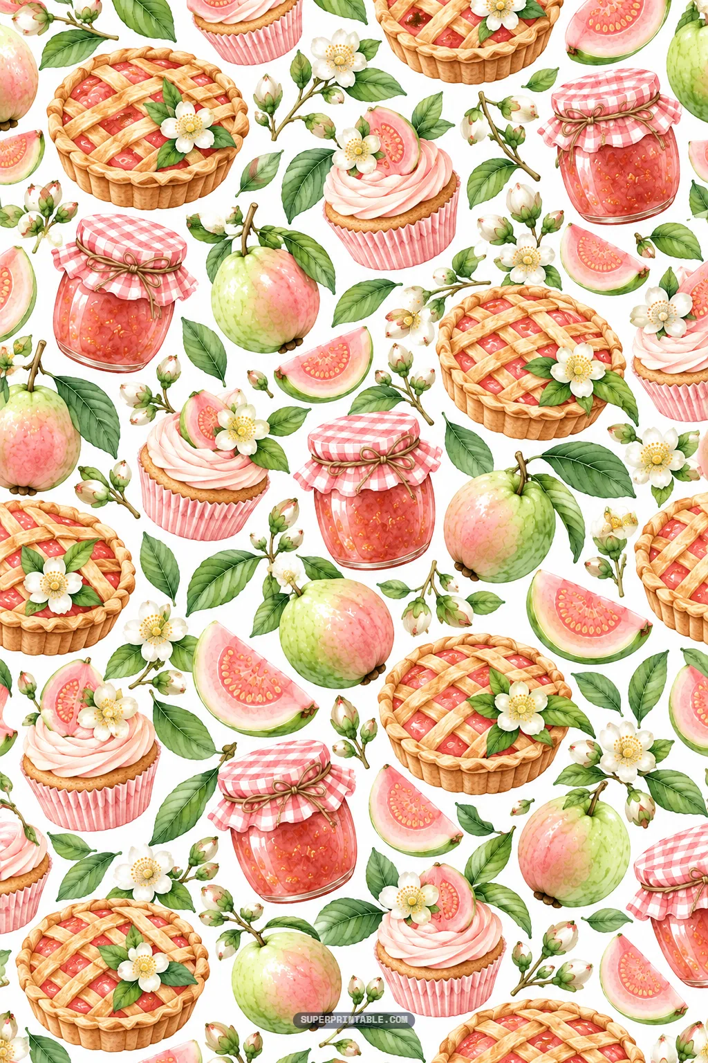 Guava orchard digital papers with lattice fruit pies, cupcakes, and jam jars