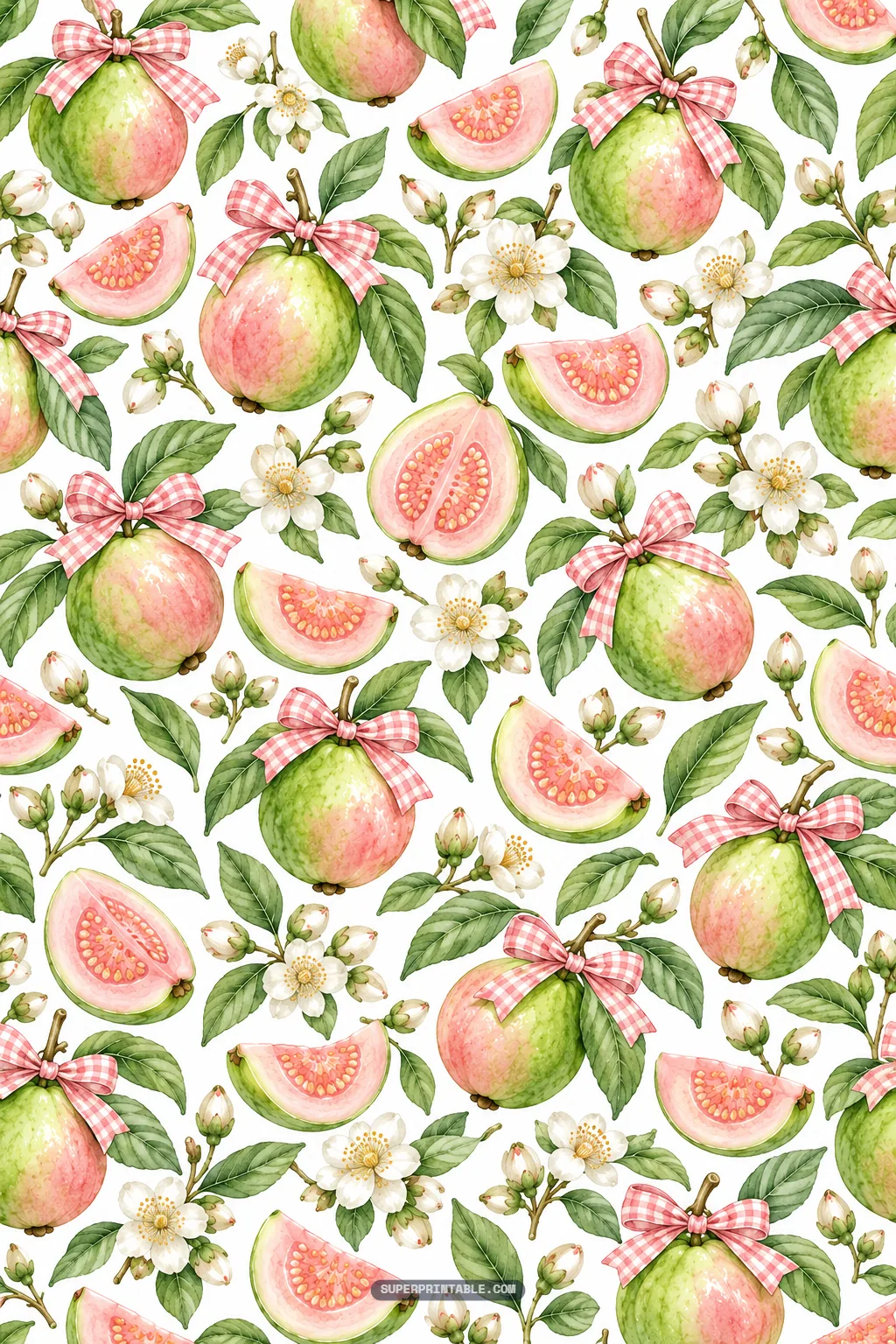 Guava fruit adorned with pink gingham ribbon bows, cut wedges, and blossoms
