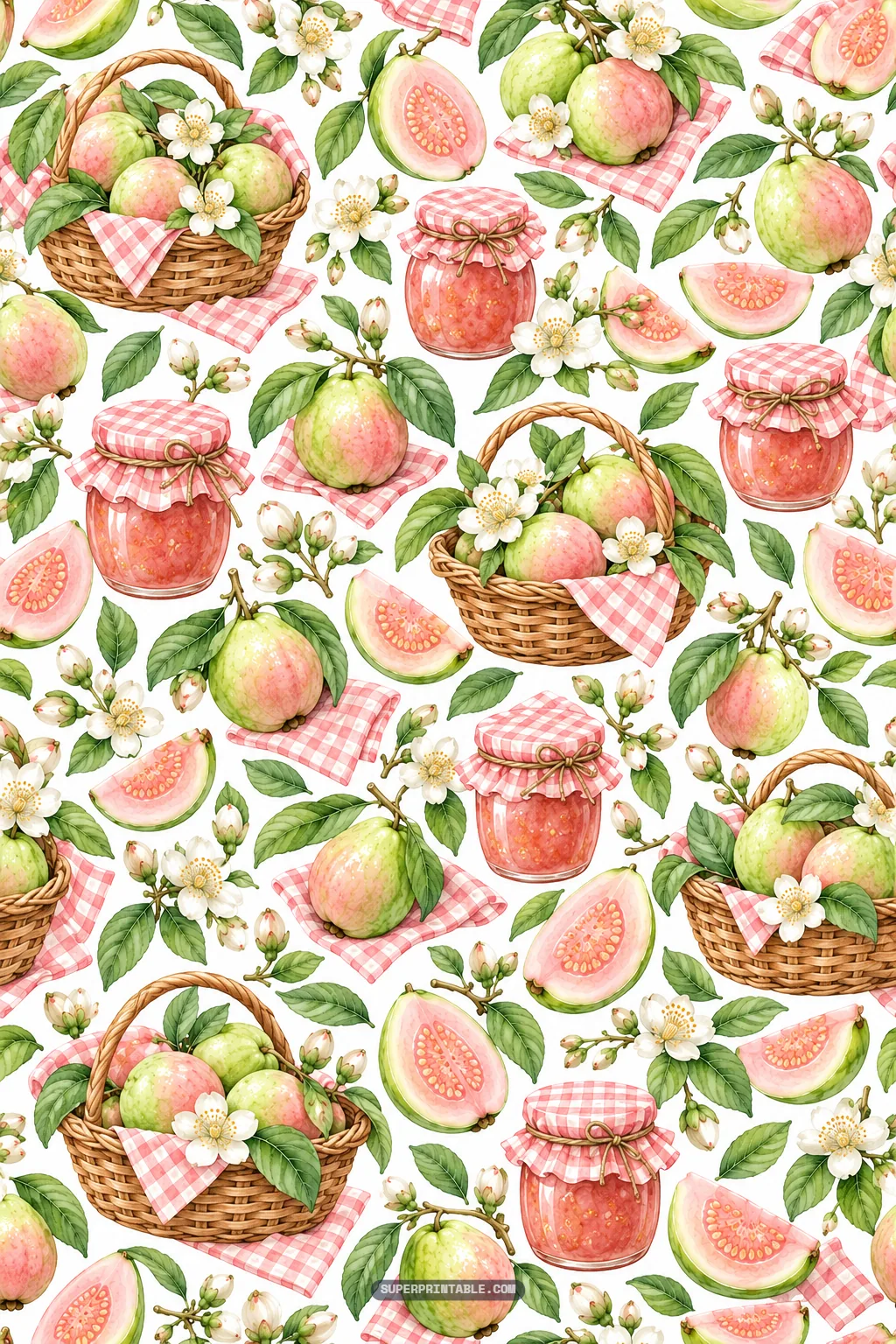 Wicker harvest baskets of guavas, gingham jam jars, and pink fruit slices