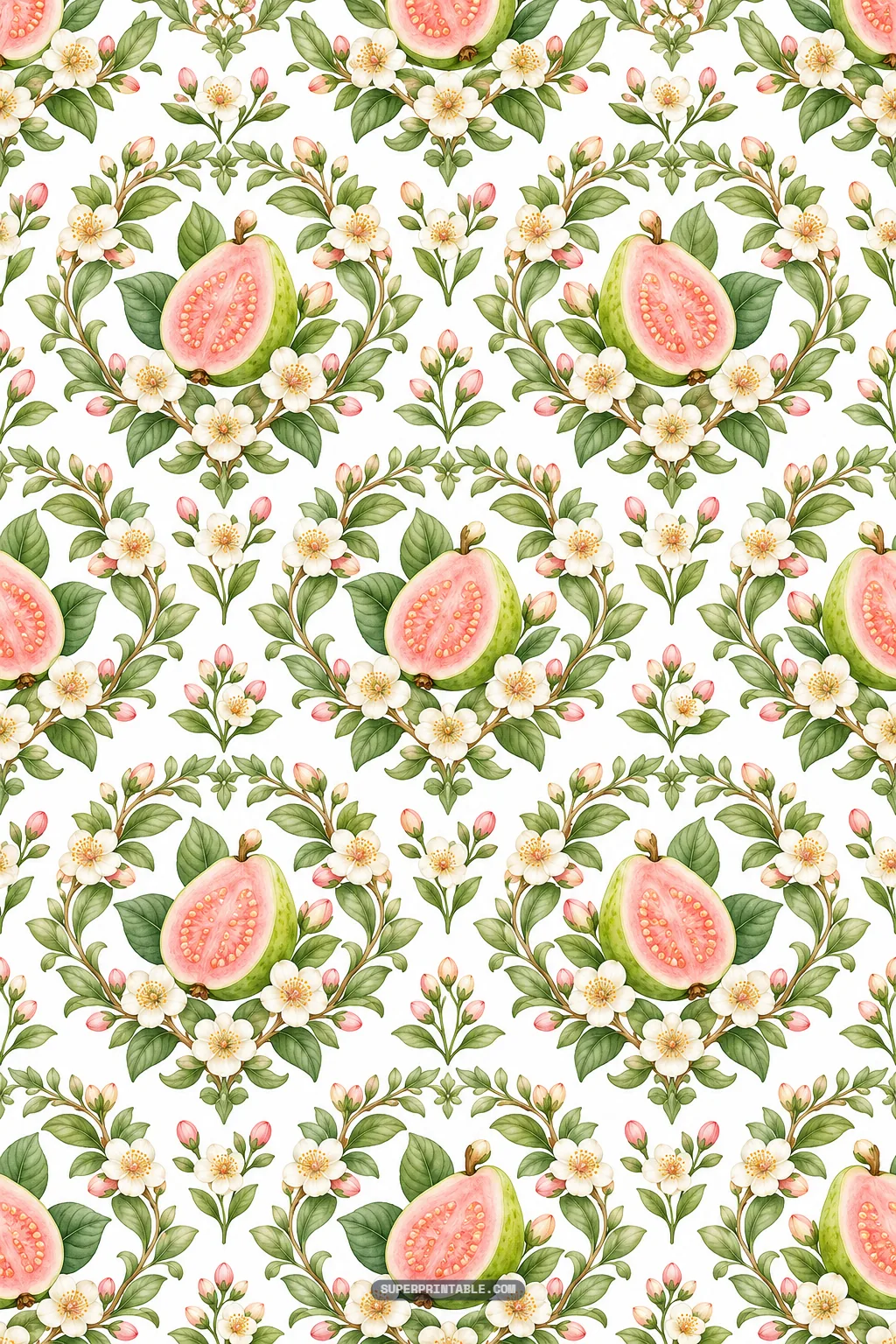 Guava orchard digital papers featuring pink guava halves in botanical leaf wreaths