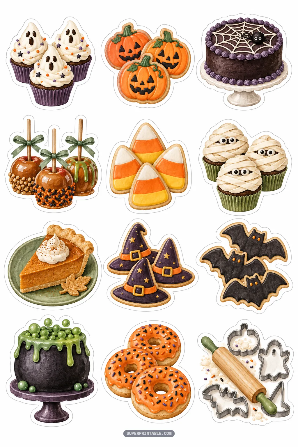 Detailed halloween bakery stickers featuring ghost cupcakes, pumpkin pie, mummy muffins, and cauldron drip cakes