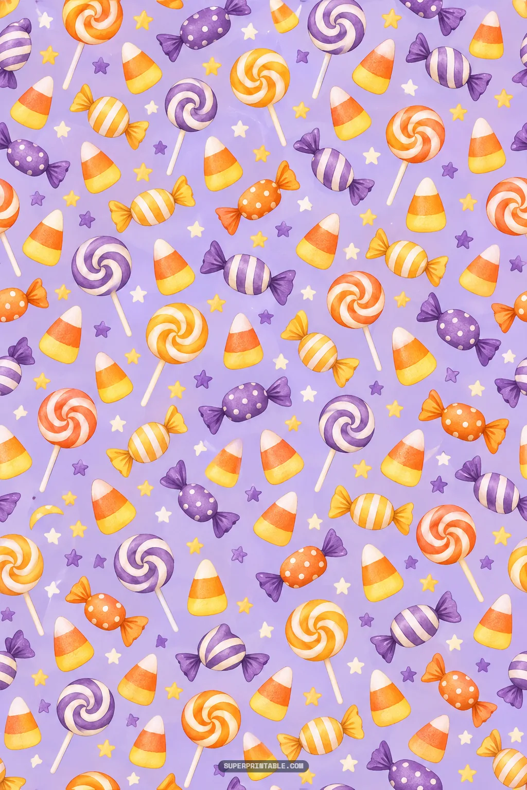 Sweet candy corn, swirl lollipops, and wrapped candies scattered across a soft lilac purple surface